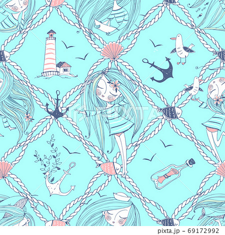 Seamless pattern on the sea theme with cute girls, whales and seagulls in a cute Doodle style. Vector 69172992