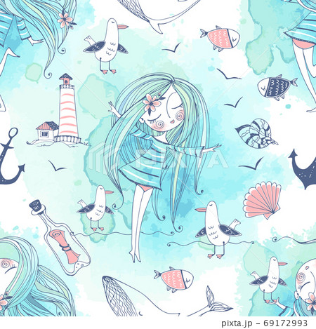 Seamless pattern on the sea theme with cute girls, whales and seagulls in a cute Doodle style with watercolors. Vector. 69172993