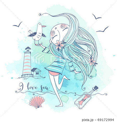 Cute girl on the seashore with a gull bird. Graphics and watercolors. Vector 69172994
