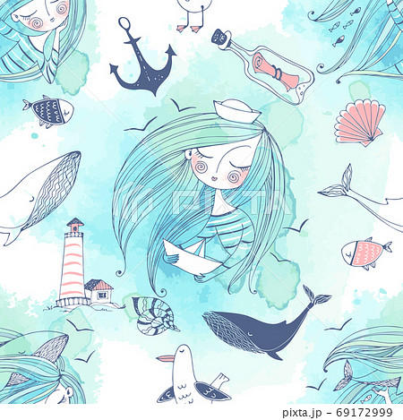 Seamless pattern on the sea theme with cute girls, whales and seagulls in a cute Doodle style with watercolors. Vector 69172999
