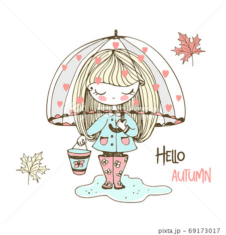 A cute little girl in rubber boots walks through puddles under an umbrella. Vector A cute little girl in rubber boots walks through puddles under an umbrella. Vector 69173017