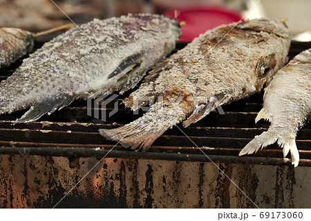 東南アジアの屋台　魚の塩焼き　プラーニン 69173060
