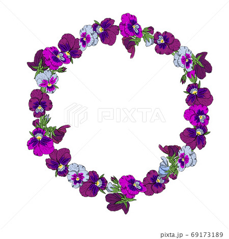 Hand drawn colorful pansy flowers circular wreath. 69173189