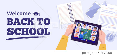 Back to school concept. Top view of a boy learning with tablet at home. Vector Back to school concept. Top view of a boy learning with tablet at home. Vector 69173801