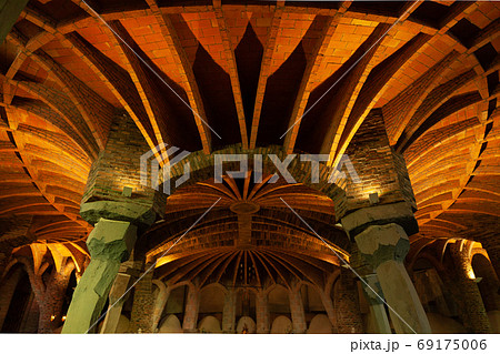 Church of Colonia Guell interior ceiling and columns, Santa Coloma de Cervello, Spain 69175006