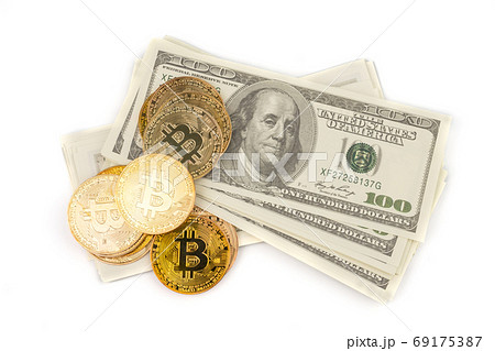 Golden Bitcoins of new digital money on banknotes 69175387