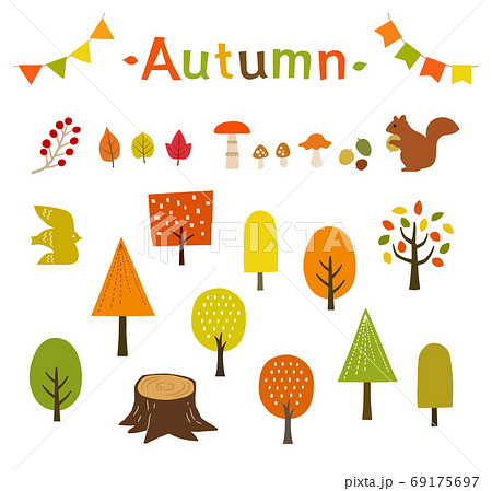 秋の紅葉や木々 動物のイラストセットのイラスト素材