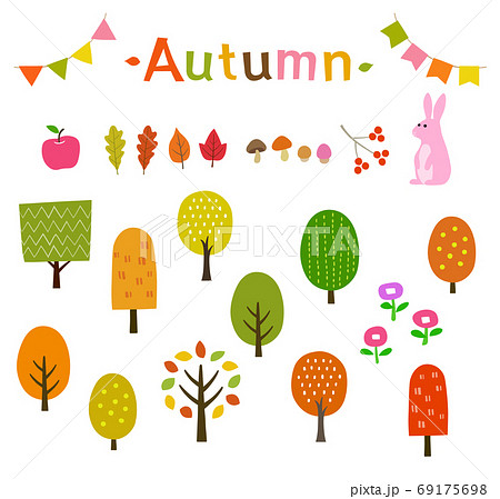 秋の紅葉や木々 動物のイラストセットのイラスト素材