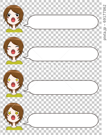 大きく口を開けた笑顔の女性と吹き出しセットのイラスト素材