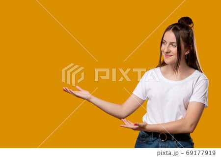welcome gesture inviting sign happy woman 69177919