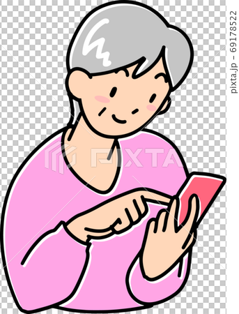 スマホを見るシニア女性のイラスト素材