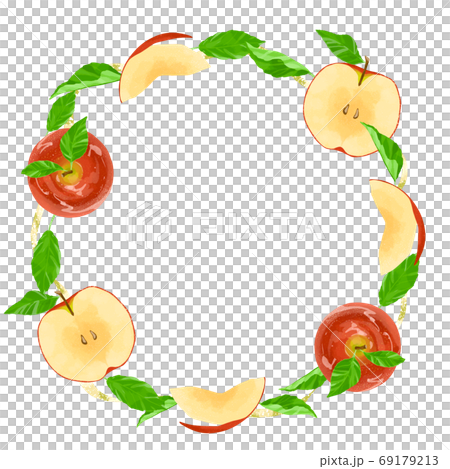 いろんな形のりんごとリボンの丸いフレームのイラスト素材