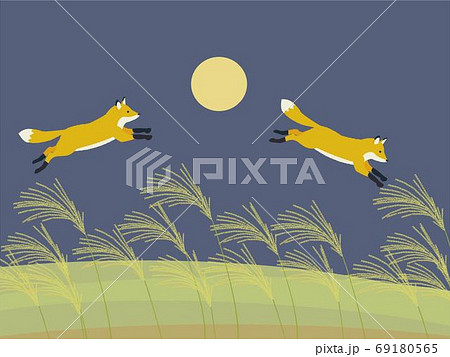 秋の風景　狐と満月とススキ 69180565
