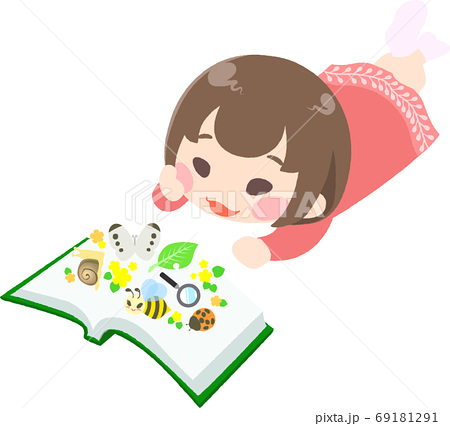 寝転がって絵本を読む女の子 植物 昆虫の本 線なし のイラスト素材