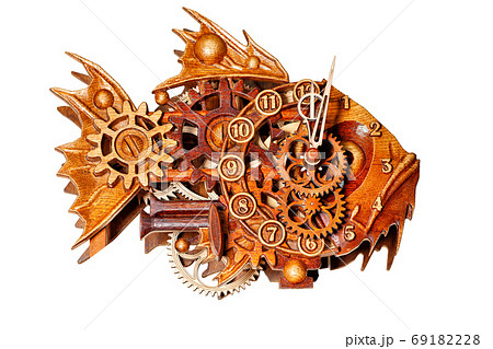 Beautiful wooden wall clock with wooden gears, numbers and arrows isolated on white background. 69182228