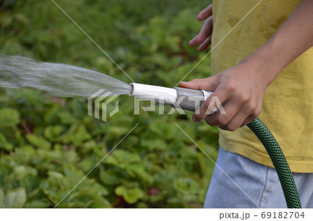 A boy in a yellow t-shirt is hosing down. A stream of water pours in small drops. 69182704