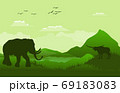 Green Vector landscape with silhouettes of mountains, elephant, buffalo, african landscape. 69183083