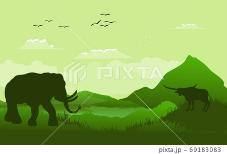 Green Vector landscape with silhouettes of mountains, elephant, buffalo, african landscape. 69183083