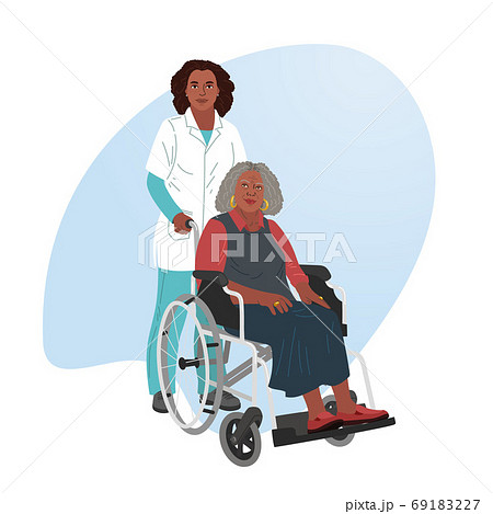 A girl nurse rolls a wheelchair with a patient. Disabled man. A girl nurse rolls a wheelchair with a patient. Disabled man. 69183227