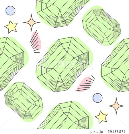 Seamless pattern of hand drawn semiprecious stones: jade, rock crystal, citrine, amethyst, aquamarine, granite, amber, quartz, garnet. Trendy hipster retro background, Pattern of cut shapes. 69183871