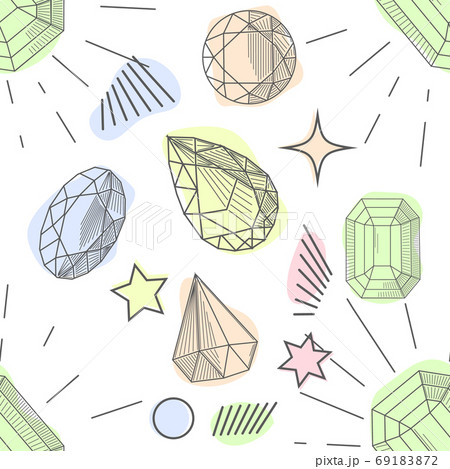 Cute 80s style art seamless pattern of colorful crystal mineral stones in soft pastel colors, simple hand drawn rainbow diamond rocks on white background. 69183872