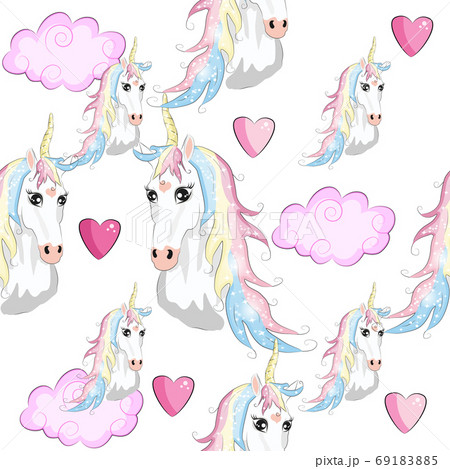 Seamless unicorn pattern with hearts and stars. 69183885