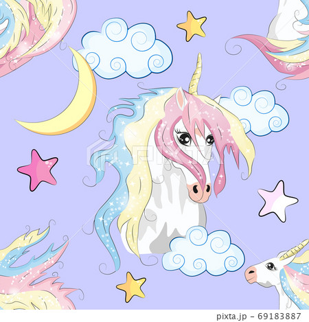 Seamless pattern with cute unicorns, stars, hearts, rainbow, moon, doodle abstractions. Magic endless background with little unicorns. 69183887