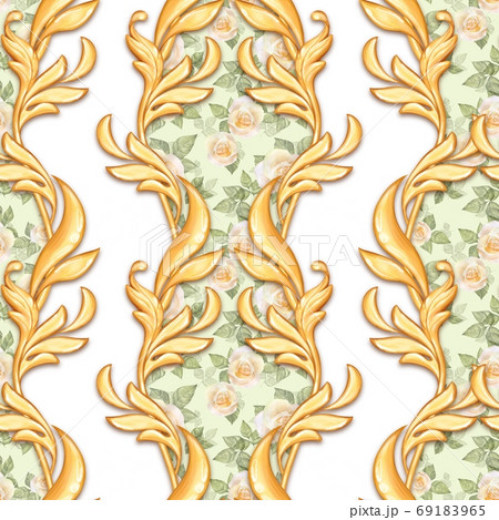 Seamless baroque pattern with roses and golden scrolls 69183965