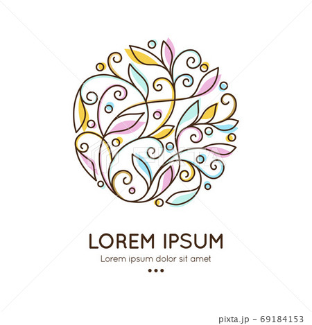 Pink, blue and yellow emblem with abstract leaves. 69184153