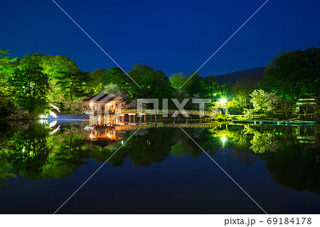 浮見堂と鷺池のライトアップ夜景 春 奈良県奈良市 奈良公園 の写真素材