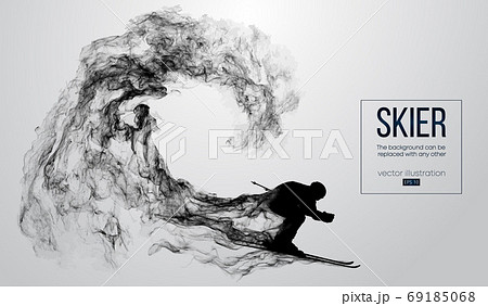 Abstract silhouette of a skier isolated on white background from particles, dust, smoke, steam. Skier carving and performs a trick. Background can be changed to any other. Vector illustration 69185068