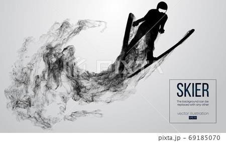 Abstract silhouette of a skier isolated on white background from particles, dust, smoke, steam. Skier jumping and performs a trick. Background can be changed to any other. Vector illustration 69185070