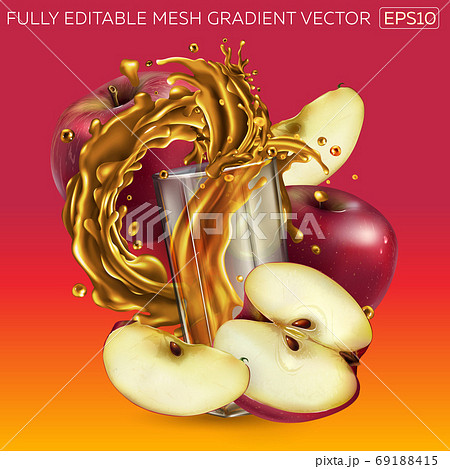 Fruit juice splashing in a glass and red apples around it. Fruit juice splashing in a glass and red apples around it. 69188415