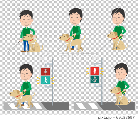 盲導犬と視覚障がい者の男性 イラスト セットのイラスト素材