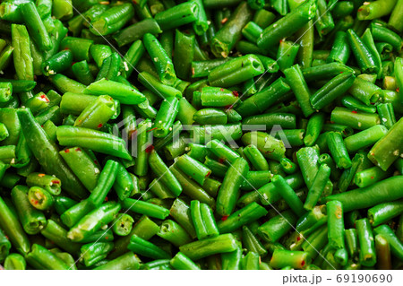 Juicy green string beans close-up. Background. Diet food or healthy vegetable side dish 69190690