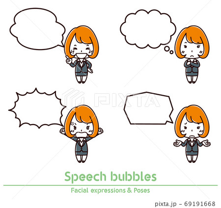 女性の表情とポーズと吹き出しのイラストのイラスト素材