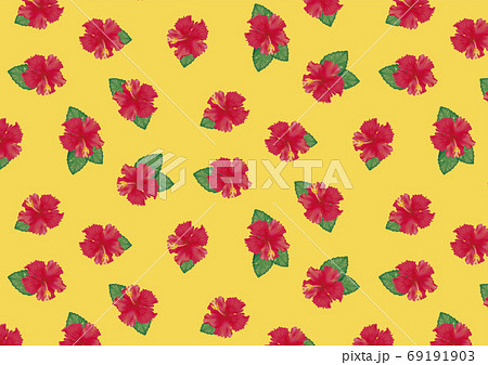赤いハイビスカスの壁紙 黄色背景 シームレスパターンのイラスト素材