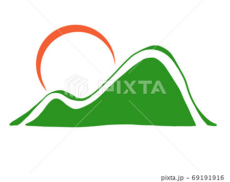 シルエットデザイン風 緩やかな山とお日様 白背景 のイラスト素材