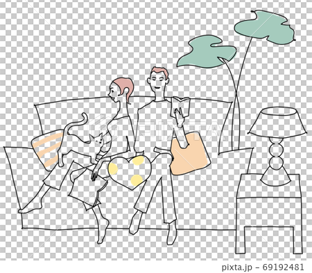 リビングでくつろぐ夫婦と猫 線画 リビングでくつろぐ夫婦と猫 線画 69192481