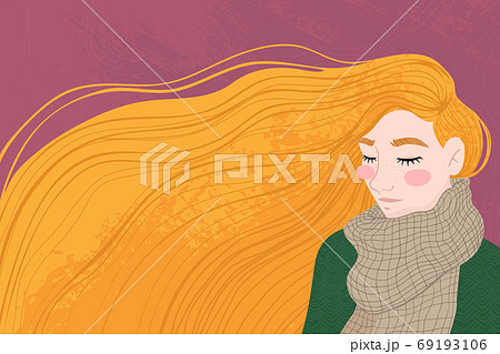 Happy ginger girl with an autumn leaf , enjoying the weather. Hello Fall. Autumn design for banner, poster, print, poster, postcard. Vector illustration. Happy ginger girl with an autumn leaf , enjoying the weather. Hello Fall. Autumn design for banner, poster, print, poster, postcard. Vector illustration. 69193106