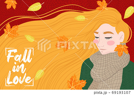 Happy ginger girl with an autumn leaf , enjoying the weather. Hello Fall. Autumn design for banner, poster, print, poster, postcard. Vector illustration. 69193107