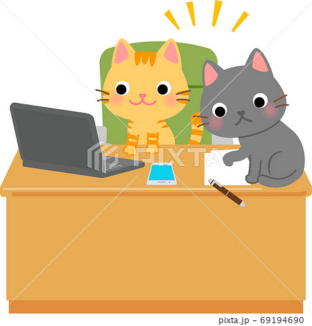 仕事中のデスクに乗って遊ぶ猫のイラスト素材