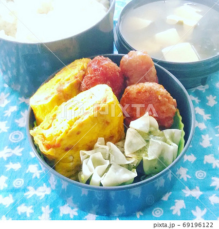 玉子焼きと焼売と肉系のおかずの入った手作り弁当 69196122