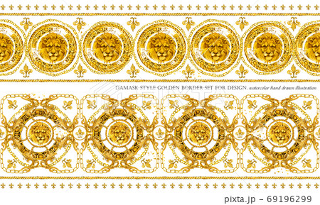 Gold damask seamless pattern. Watercolor vintage golden lion ornament. luxury textile print 69196299