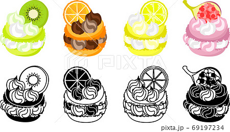 キウイとオレンジとレモンといちじく等を飾ったマカロンのアイコンのイラスト素材