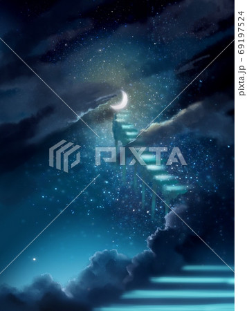 輝く満月に続く青い階段と星空と雲の風景画のイラスト素材