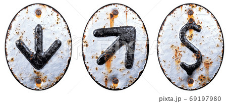 Set of symbols arrow to down, up arrow, dollar made of forged metal on the background fragment of a metal surface with cracked rust. 69197980