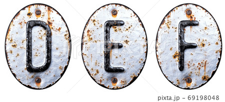 3D render set of capital letters D, E, F made of forged metal on the background fragment of a metal surface with cracked rust. 3D render set of capital letters D, E, F made of forged metal on the background fragment of a metal surface with cracked rust. 69198048