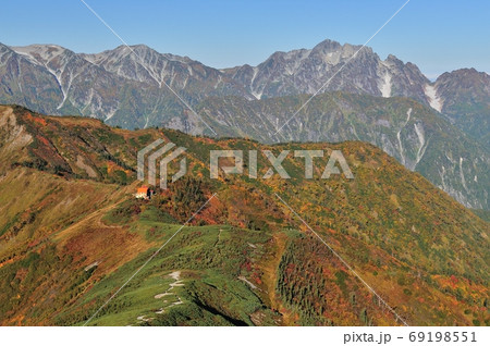 早朝の爺ヶ岳からの眺め　種池山荘と立山連峰 69198551