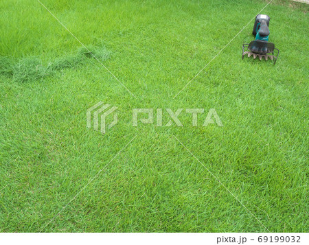 ガーデニング　芝刈り中 69199032